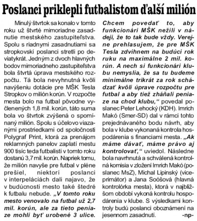 Poslanci priklepli futbalistom ďalší milión